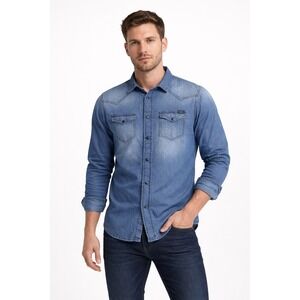 Diesel Mens Denim Western Shirt Blue Medium‎ Wash Snap Front Long Sleeve Cotton
